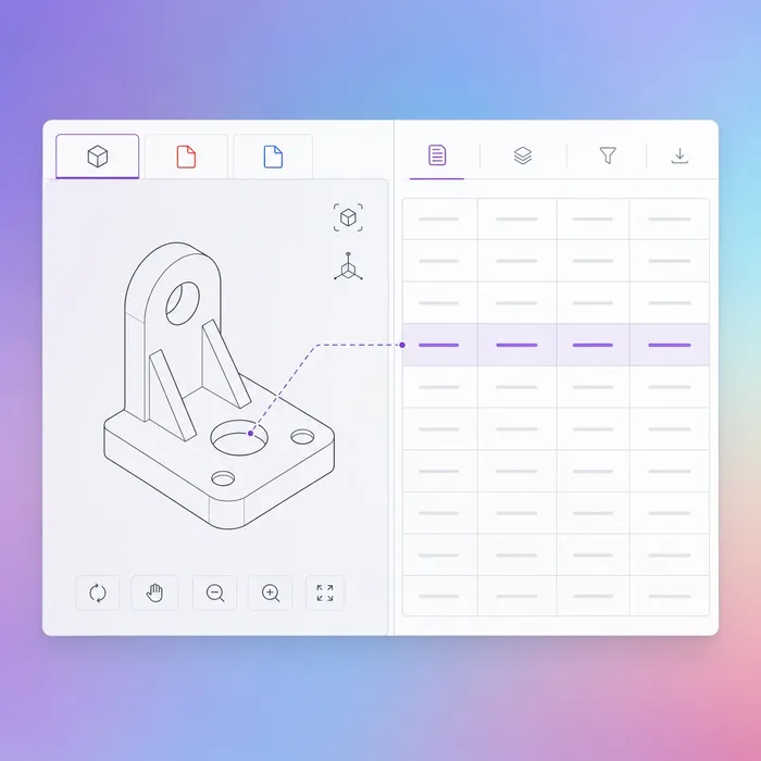 Split-screen interface showing 3D CAD model beside estimate sheet with document tabs
