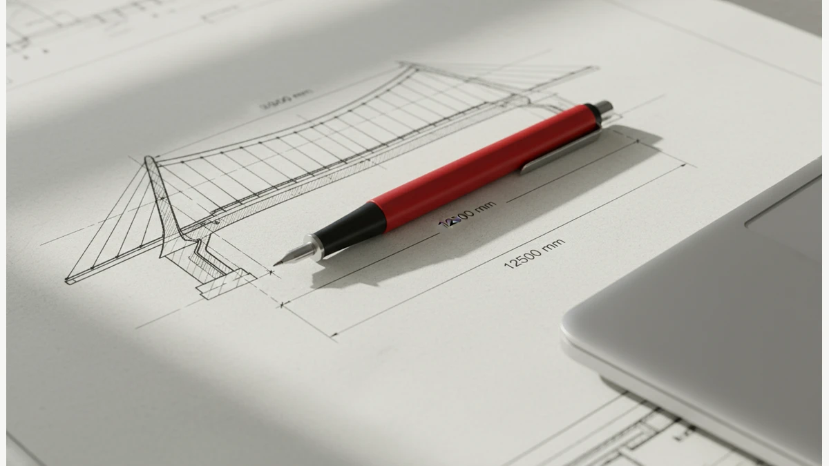 A modern desk showing a technical drawing overlaid with digital highlighting on a screen.