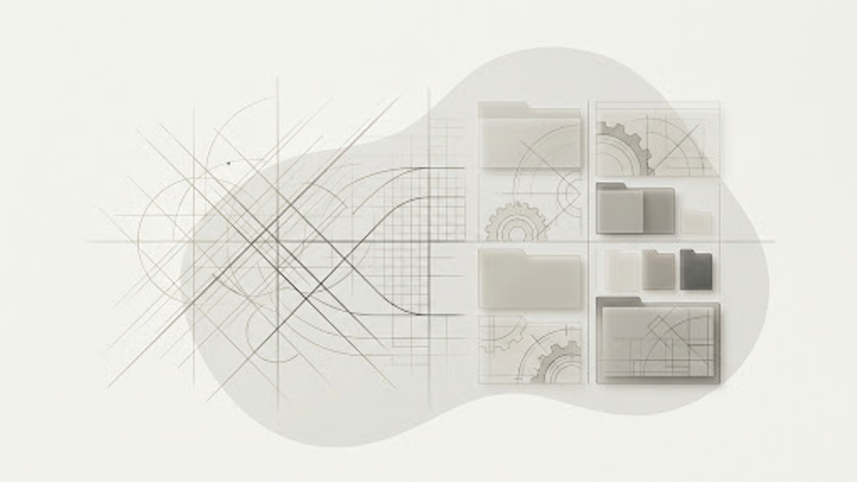 Abstract editorial layout of drawing elements sorted into clean digital categories on warm backgrounds.