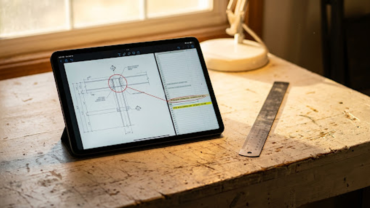 A tablet screen on a workshop bench connecting drawing details to an estimate line.
