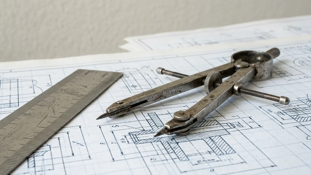 Close-up macro of steel drafting rulers and compasses resting on printed engineering schematics.