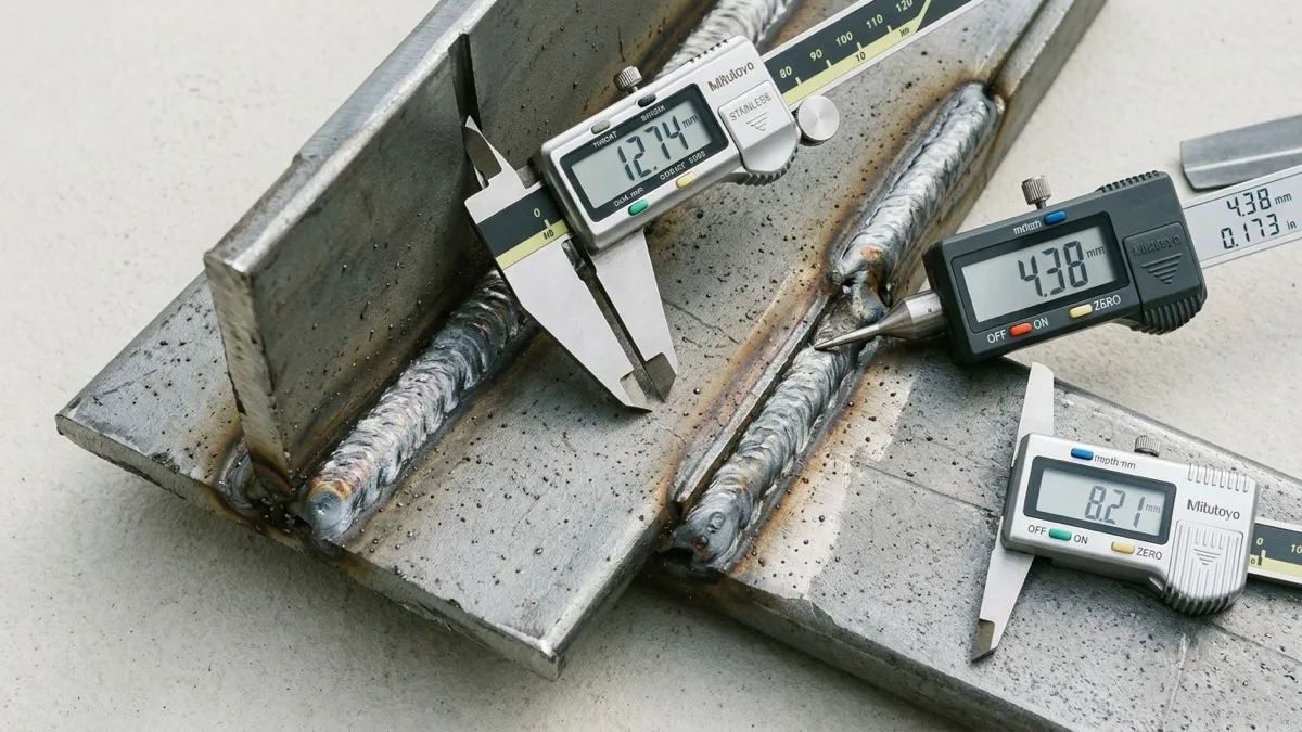 A high-quality macro photograph of welded structural steel joints with digital measuring tools.