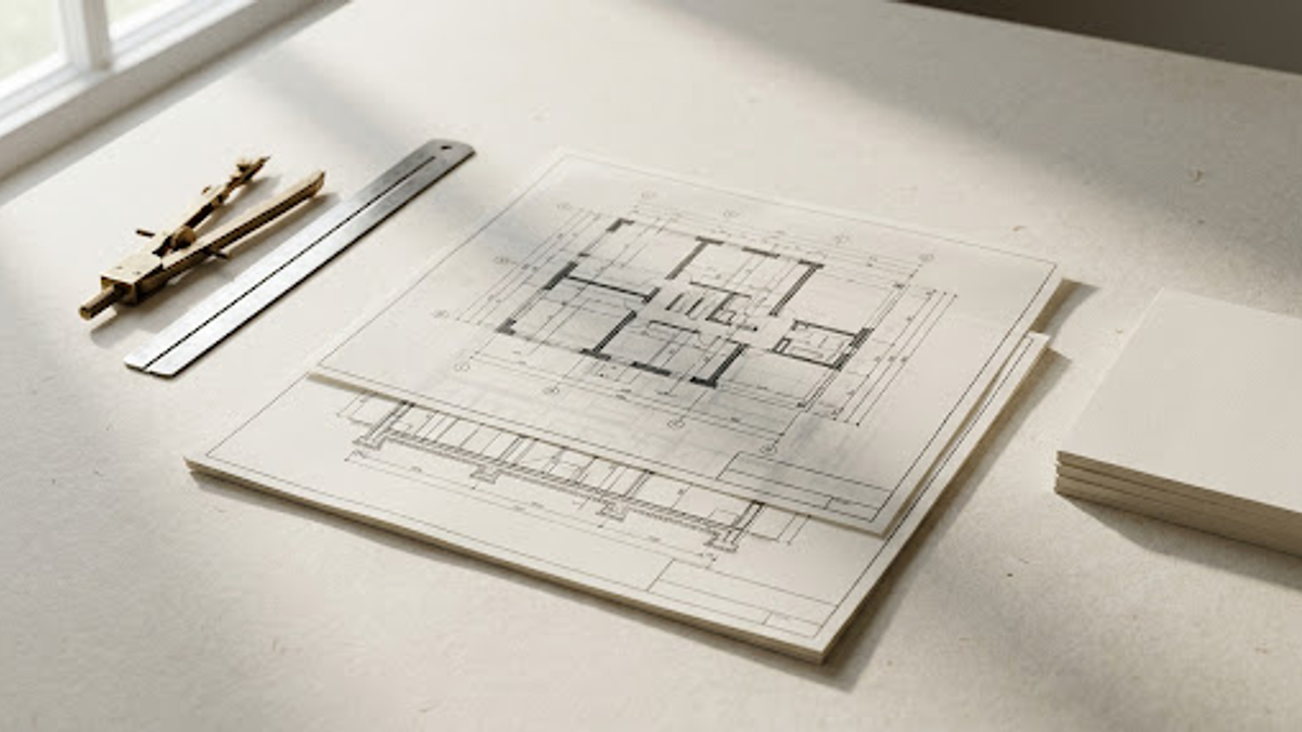 Two technical drawings layered over each other on a warm, well-lit workspace desk.
