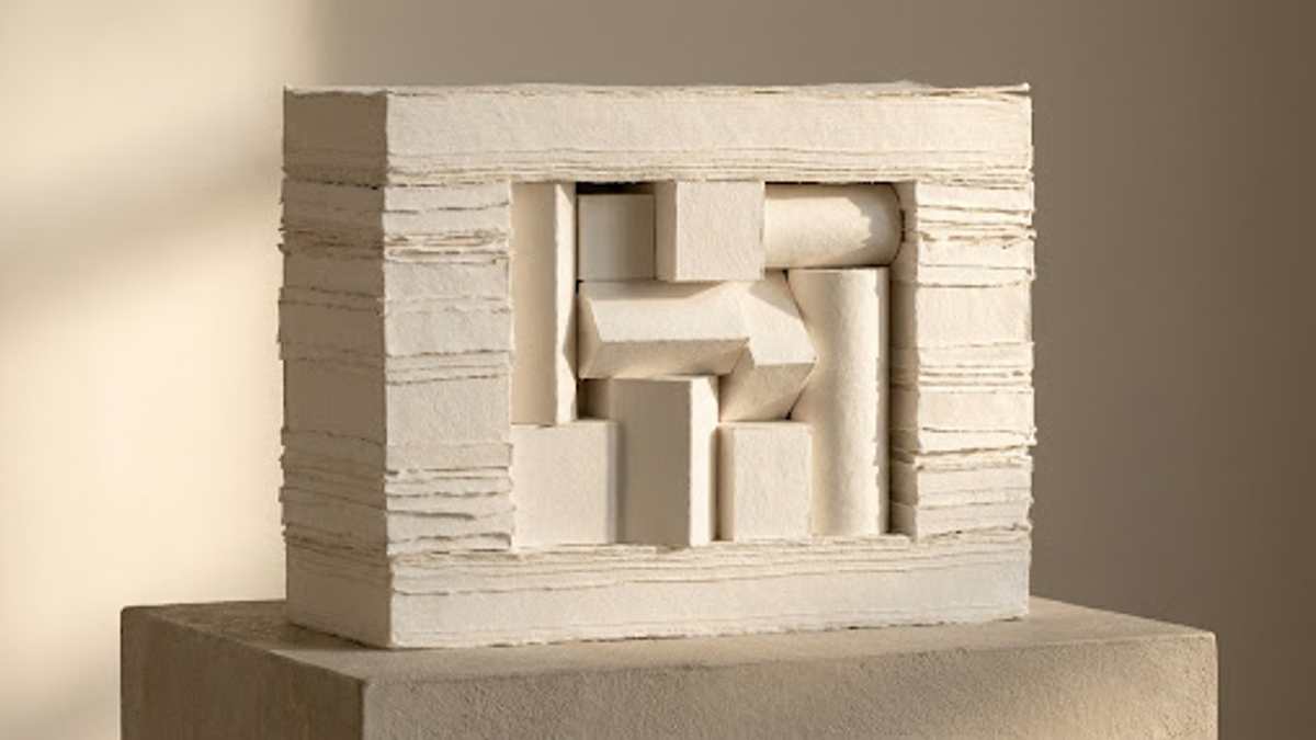 Minimalist layered paper representation showing local data storage locked inside a grounded block.