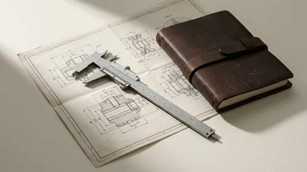 A heavy brass ruler and mechanical pencil resting cleanly on a folded drawing.