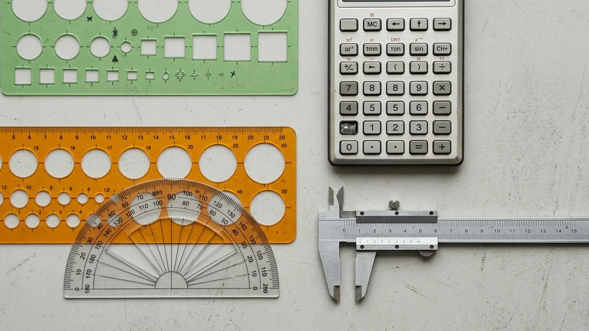 Flat-lay photo of calipers, micrometers, and drafting templates on a workshop bench.
