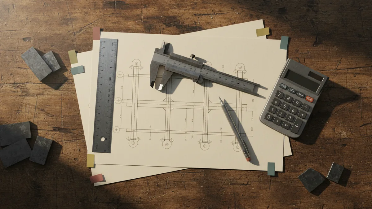 Flat-lay of structural steel tender drawings, measuring tools, calculator, sticky flags, and steel offcuts on a timber estimating bench.