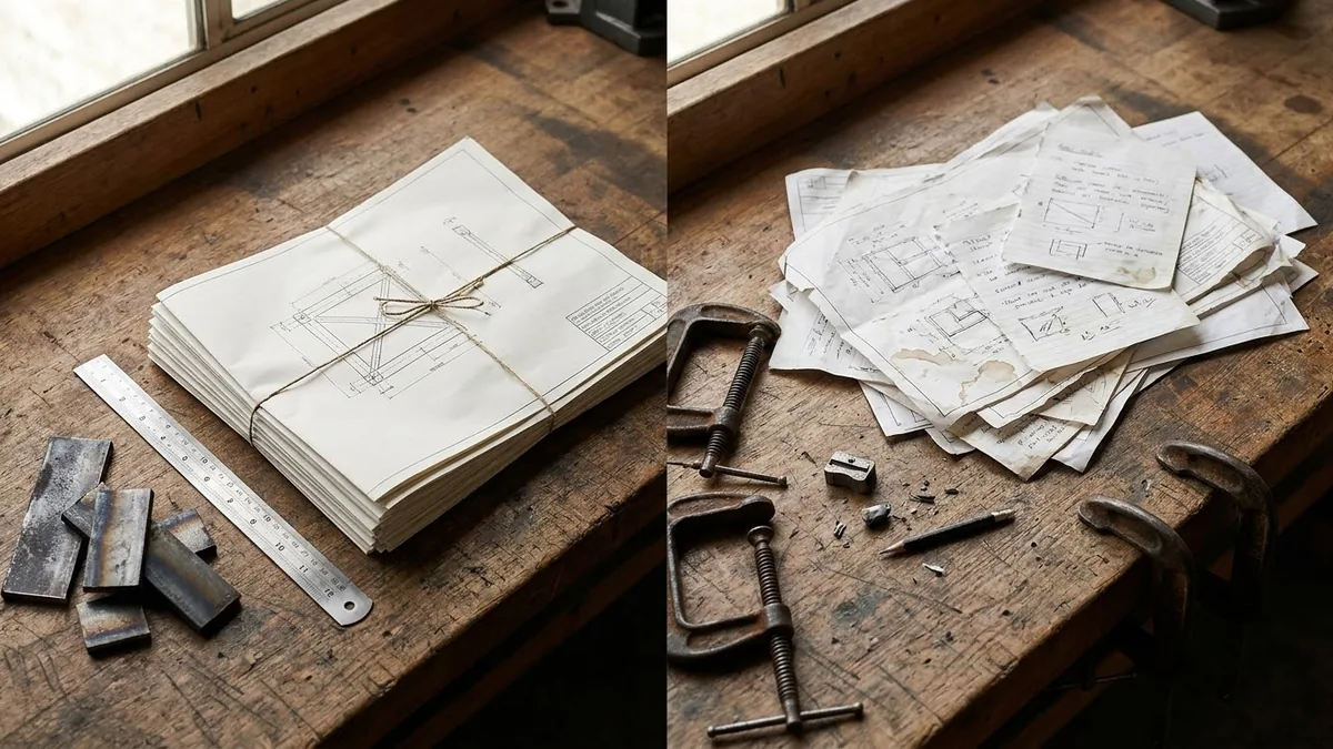 Two physical tender review piles on a fabrication bench comparing orderly quote evidence with messy risk notes and offcuts.