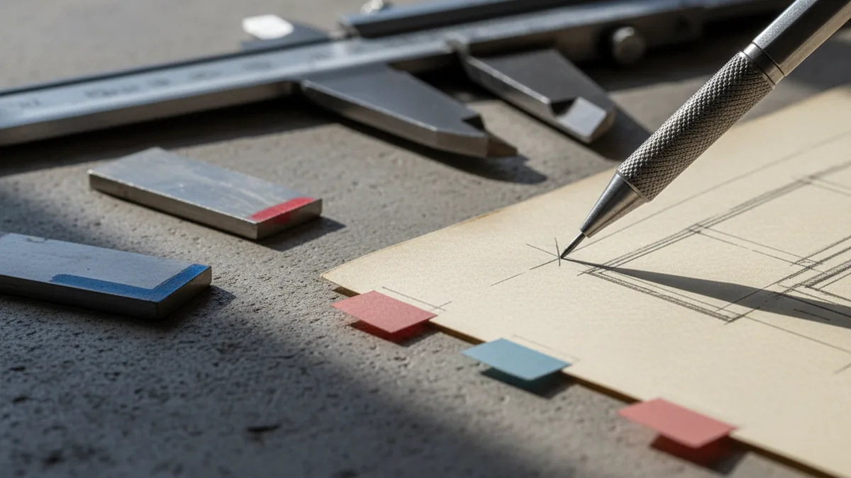 Macro detail of a text-free structural steel drawing, pencil, callipers, weld gauge, flags, and metal offcuts for scope review.