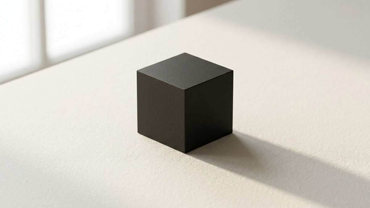 Editorial photograph of a minimalist charcoal cube on a warm surface representing data sovereignty