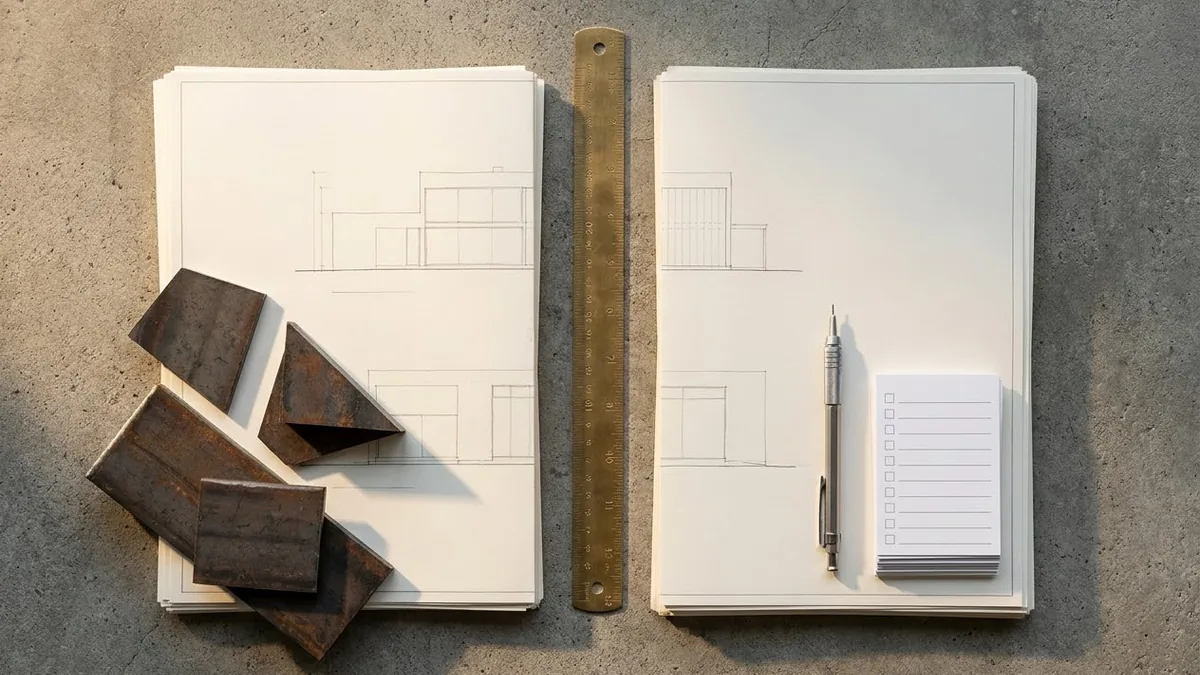 Two stacks of marked drawings, steel offcuts, ruler, pencil, and blank checklist cards representing an estimating feedback loop.