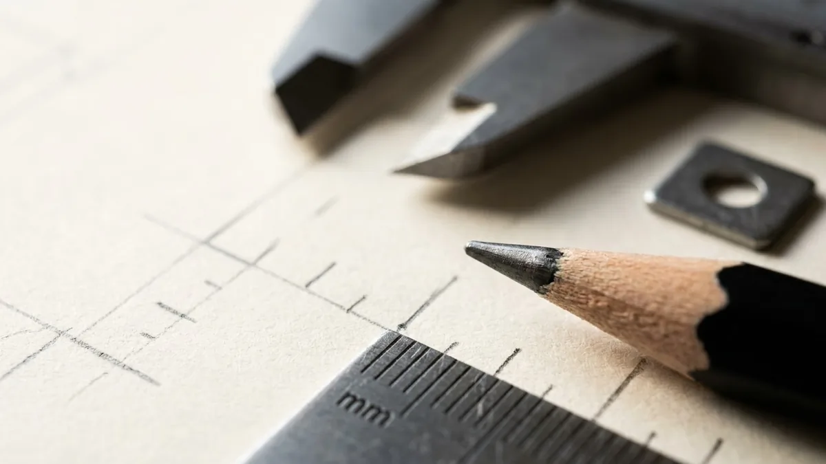 Macro detail of a pencil, ruler, callipers, and marked fabrication drawing used to review estimating variance.