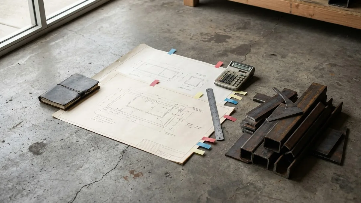 Workshop quote review surface with layered drawings, sticky flags, notebook, calculator, ruler, and sorted metal offcuts.