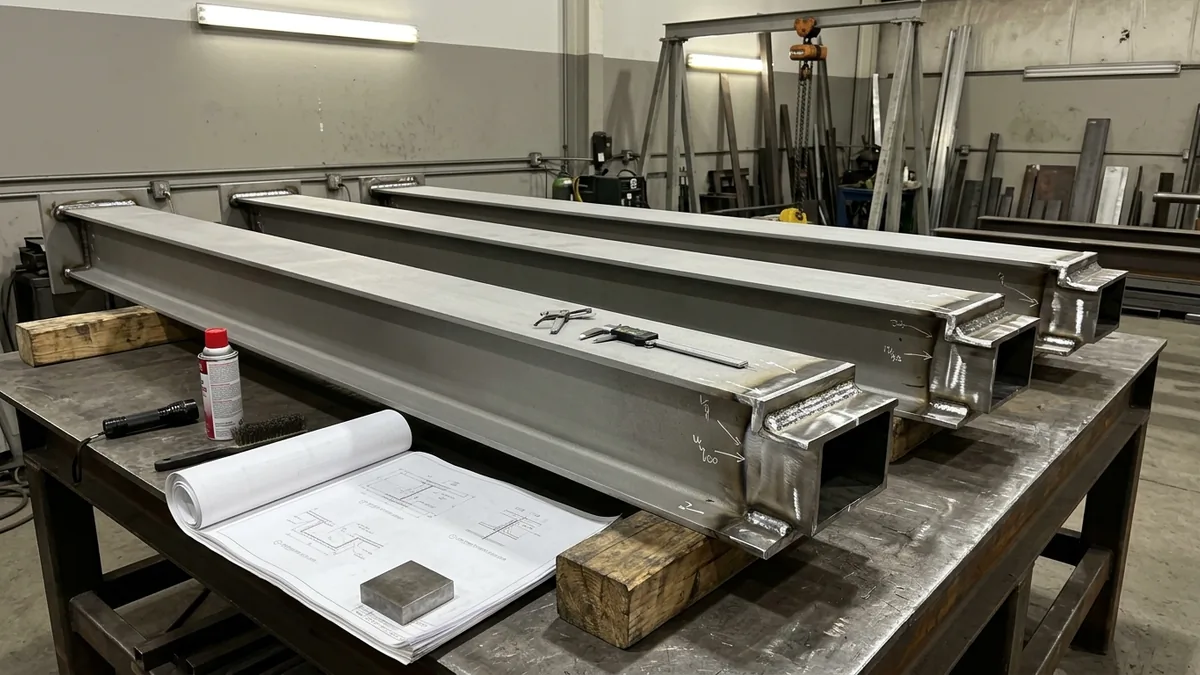 Workshop view of structural steel columns laid out on a heavy metal layout table ready for weld inspections.