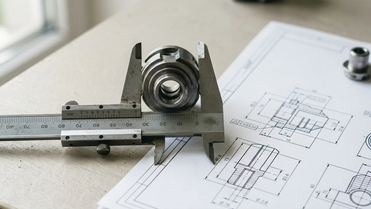 Close-up macro photo of a steel caliper measuring a machined component next to a printed drawing sheet.