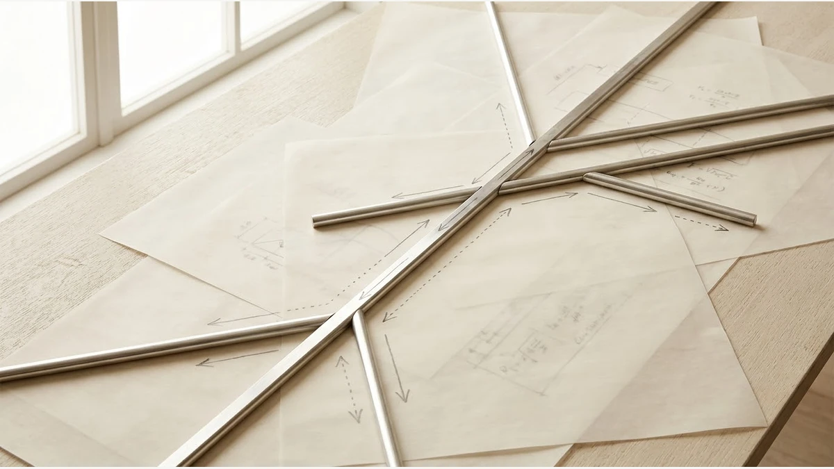 Abstract representation of stochastic variables and critical paths with precise brushed aluminium rods intersecting over overlapping vellum sheets.