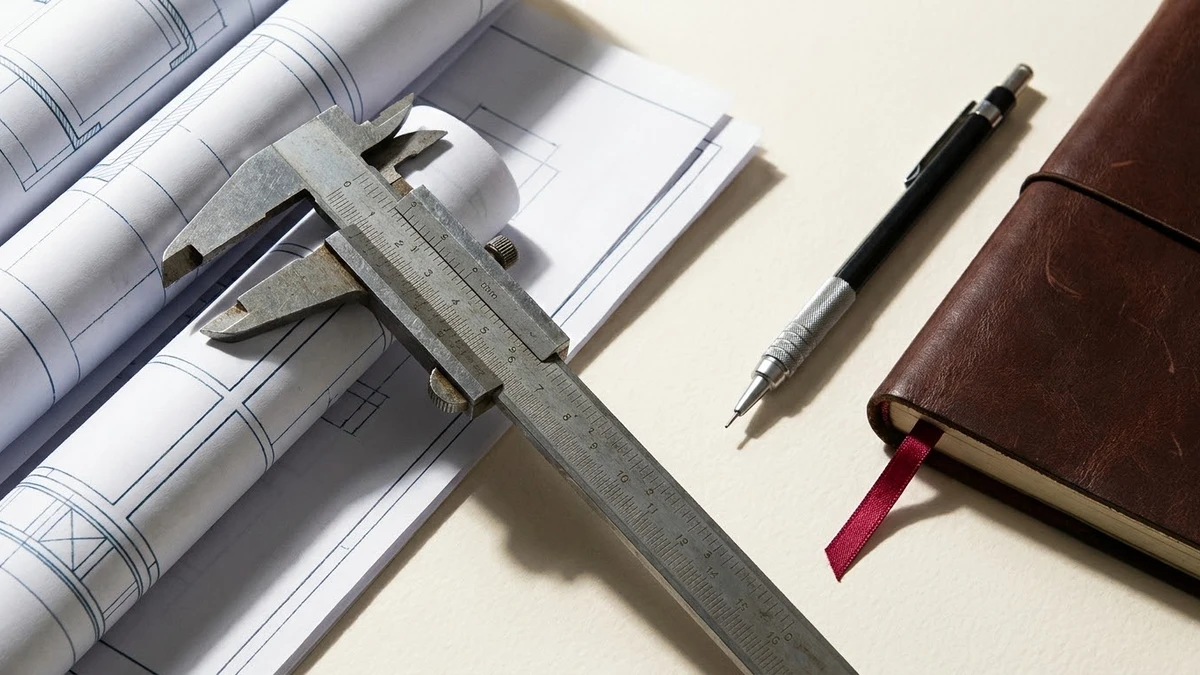 A heavy steel calliper resting on a stack of industrial blueprints beside a mechanical pencil and a clean, bound leather notebook.