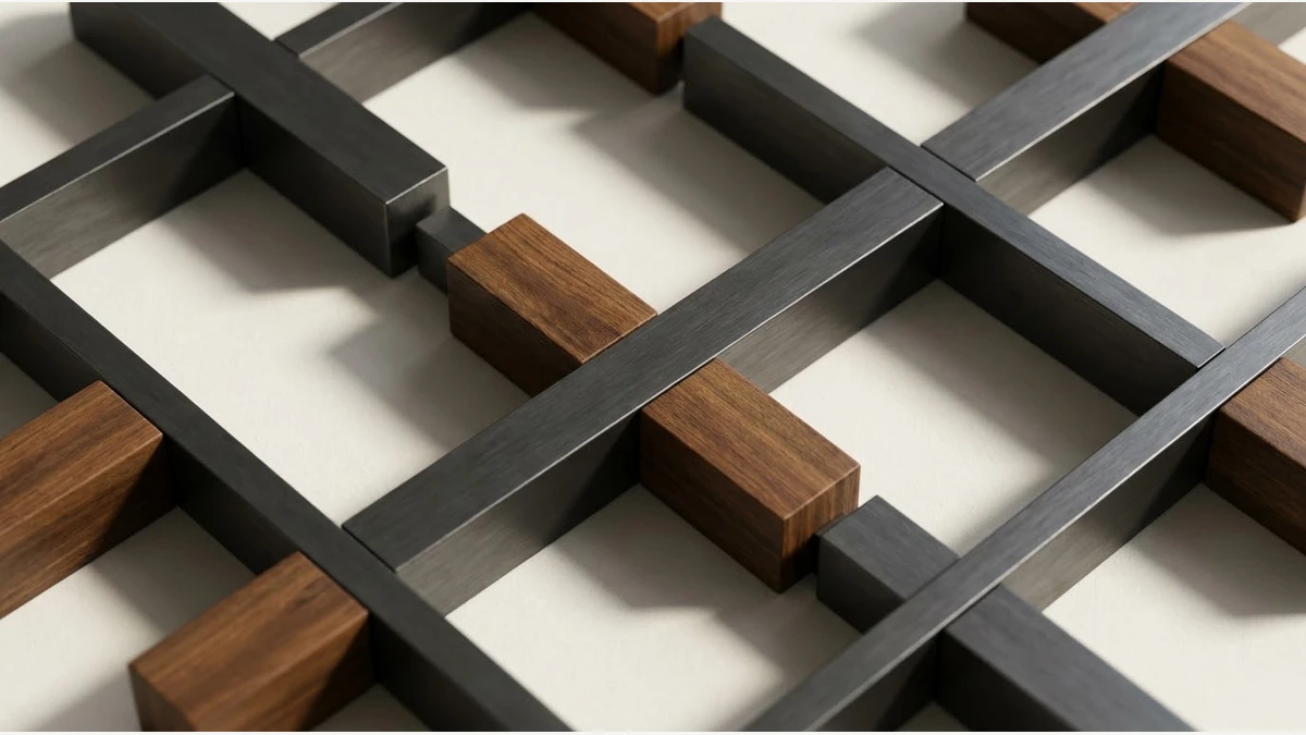 Abstract geometric composition representing an uncertainty matrix with interlocking blocks of matte industrial steel and warm oiled timber.