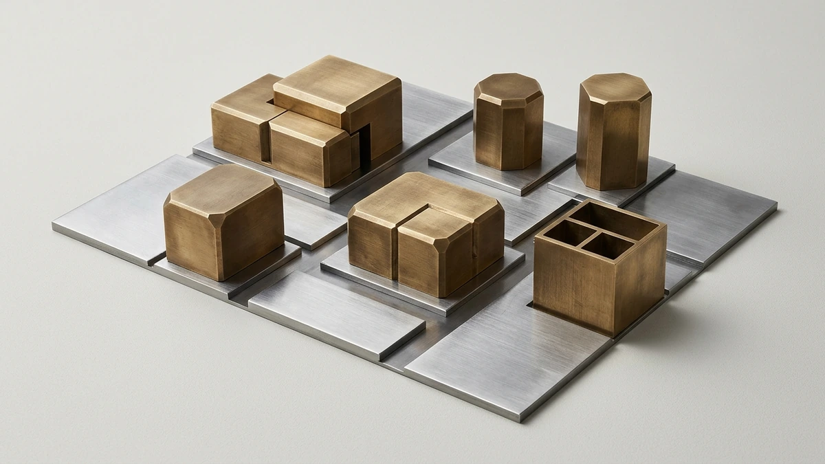 Abstract editorial still life of metallic steel plates and secure geometric brass blocks representing partitioned enclaves.