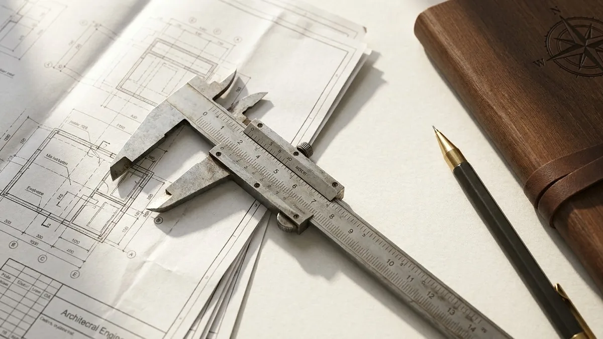 Steel calliper and mechanical pencil resting on detailed architectural blueprints on a warm timber surface.