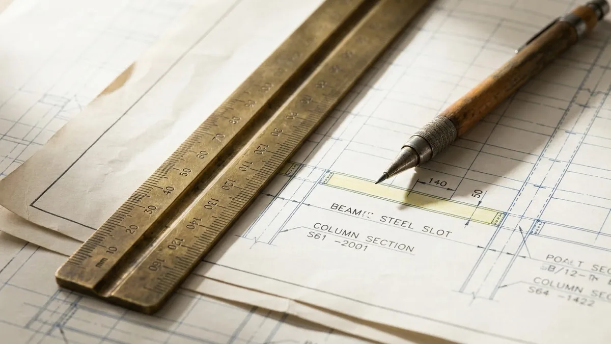 A heavy brass ruler and mechanical pencil resting on folded structural steel drawings with annotated pricing notes.