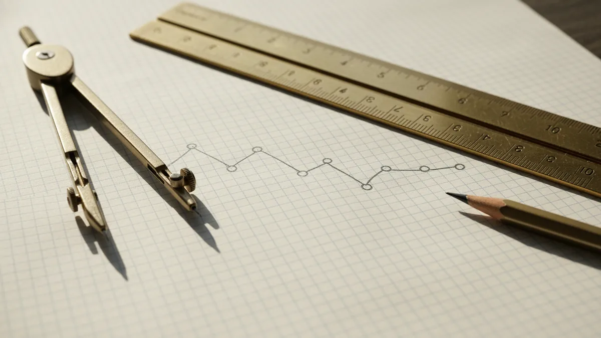A brass ruler and graph paper showing fluctuating price trend lines representing steel market volatility.