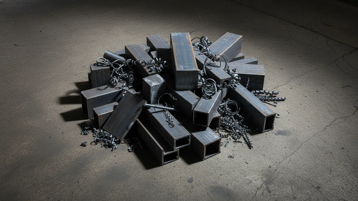Steel offcuts and offcuts pile on a fabrication shop floor illustrating material wastage.
