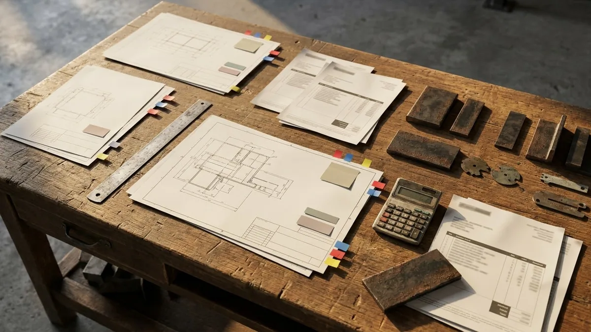 Workshop estimating desk arranged as an NCC transition quote review checklist with drawings, ruler, calculator, flags, and steel offcuts.