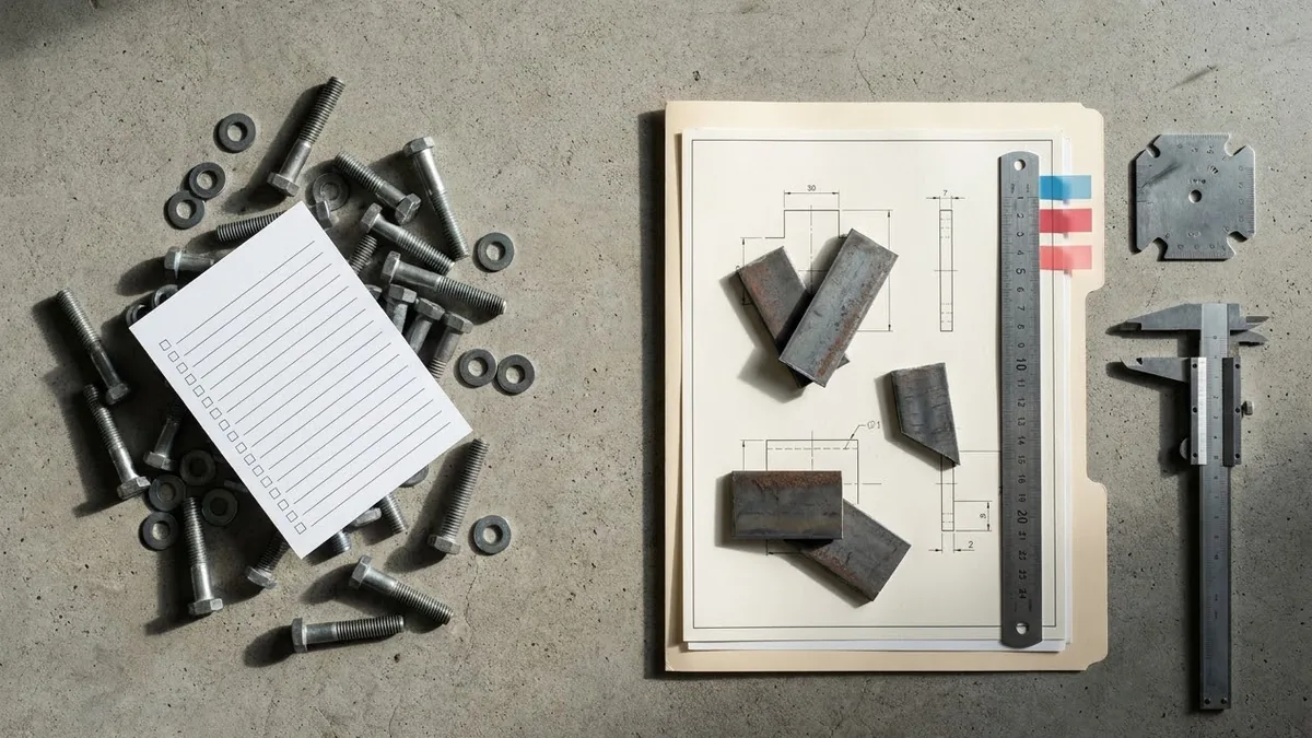 Comparison of a messy estimating record beside an organised NCC transition quote record using drawings, steel offcuts, flags, ruler, and callipers.
