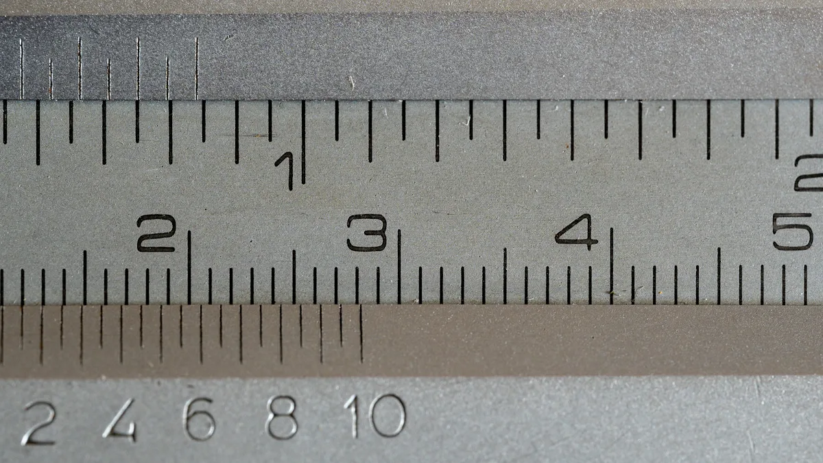 Close-up photograph of metal offcuts, steel rulers, and mechanical pencils on a rustic wooden shop workbench.
