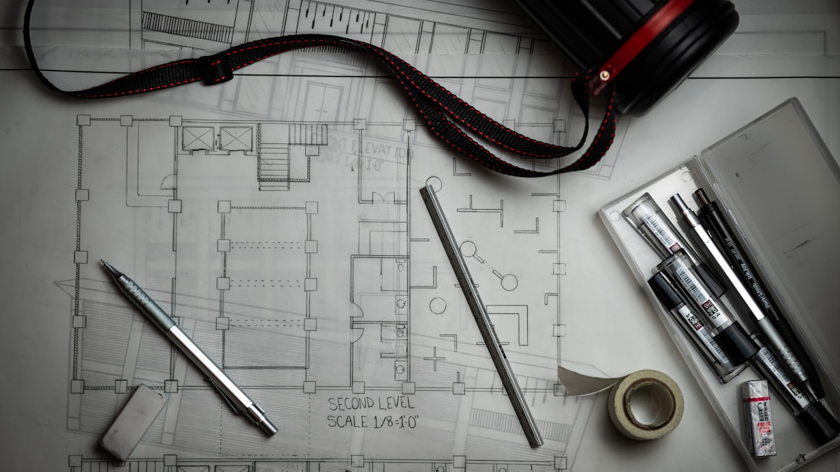 Architectural still life showing modern workspaces with aluminum offcuts and clear, structured geometric layouts.