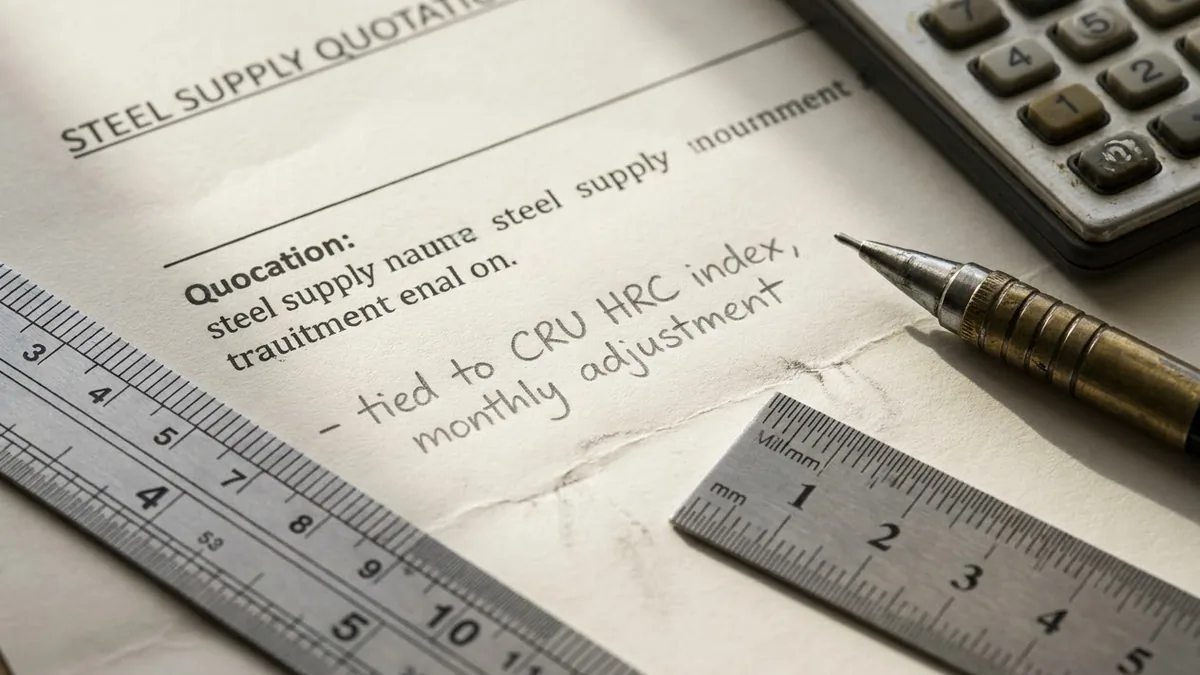 Macro close-up of a printed steel supply quotation with handwritten price escalation clause referencing CRU HRC index beside a steel ruler and mechanical pencil.