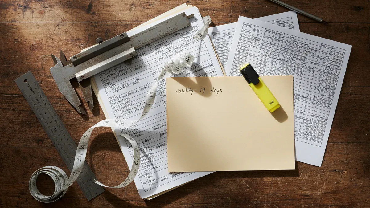 Flat-lay of steel fabrication quote package with marked-up cost sheets, steel price index printout, calliper, steel ruler, and highlighted validity notation on a worn timber workshop bench.
