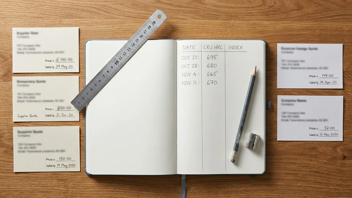 Overhead view of material price tracking notebook with handwritten CRU index columns, three supplier quote slips, and steel ruler comparing prices.