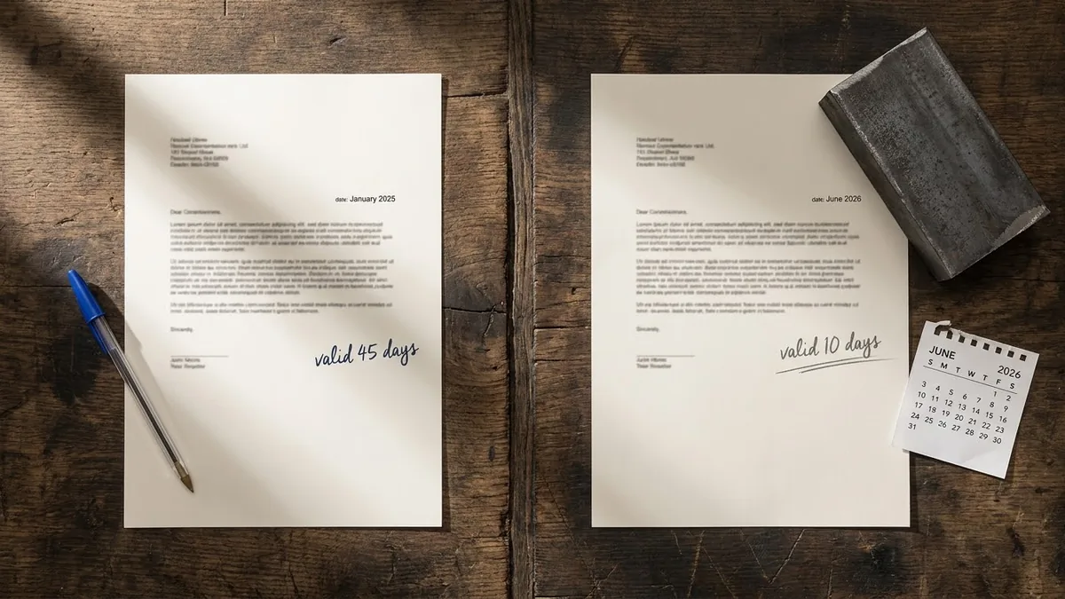 Side-by-side comparison of two fabrication quotes showing validity period change from 45 days in 2025 to 10 days in 2026, with steel offcut and calendar.
