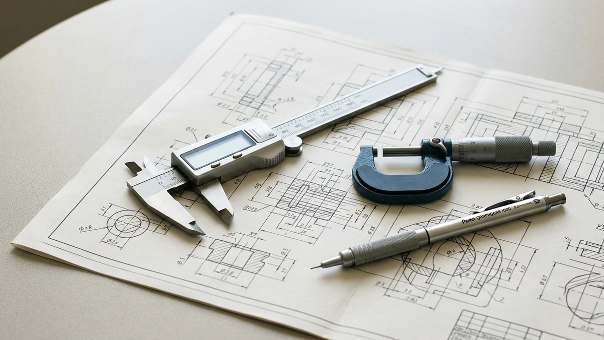 Close-up macro photograph of mechanical calipers and steel rules on blueprints beside a secure workstation.