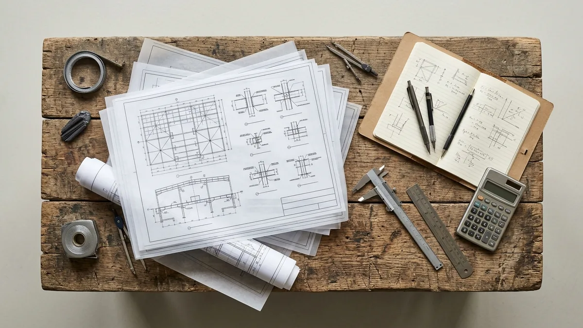 Flat-lay of printed structural steel drawings, mechanical drafting compasses, and pencils on a shop workbench.