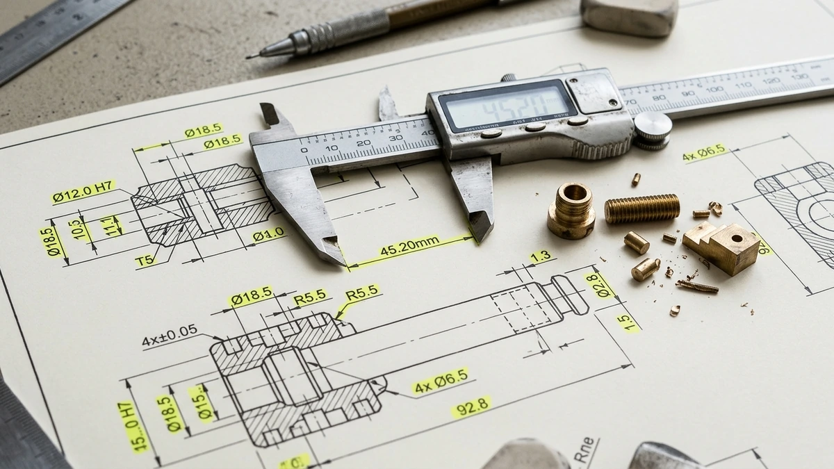 Close-up macro detail of engineering drawings, calipers, and brass offcuts on a sand-gray technical desk.