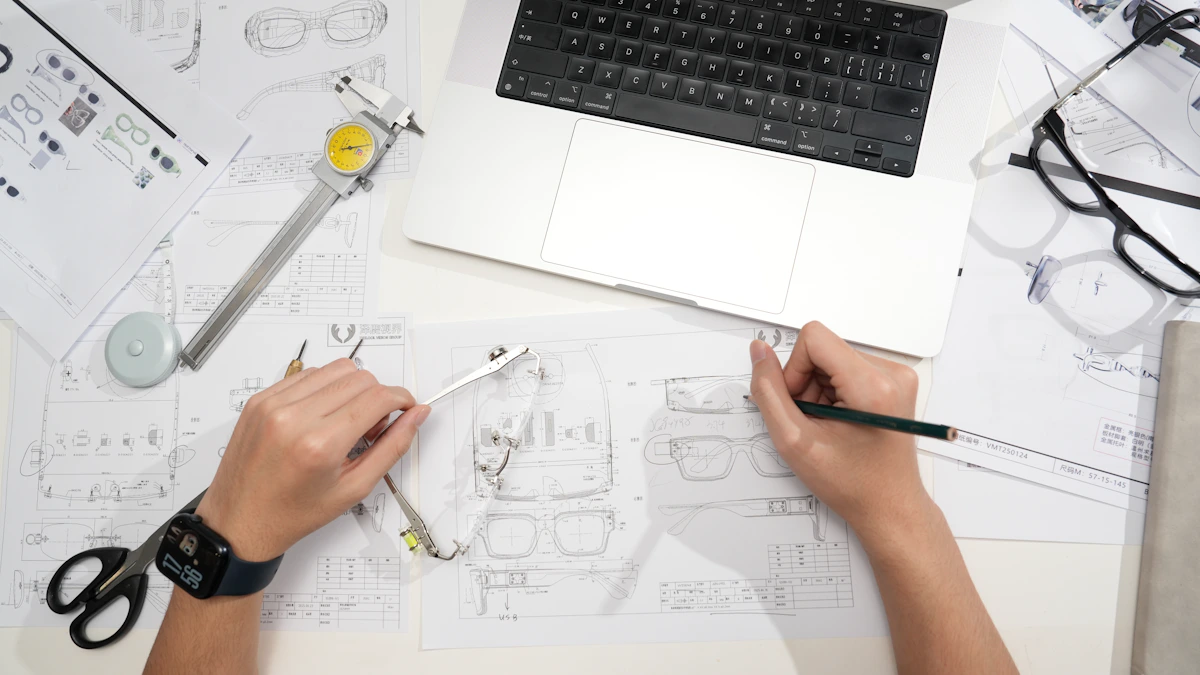 Flat-lay photo of steel calipers resting on engineering drawings beside a secure laptop.