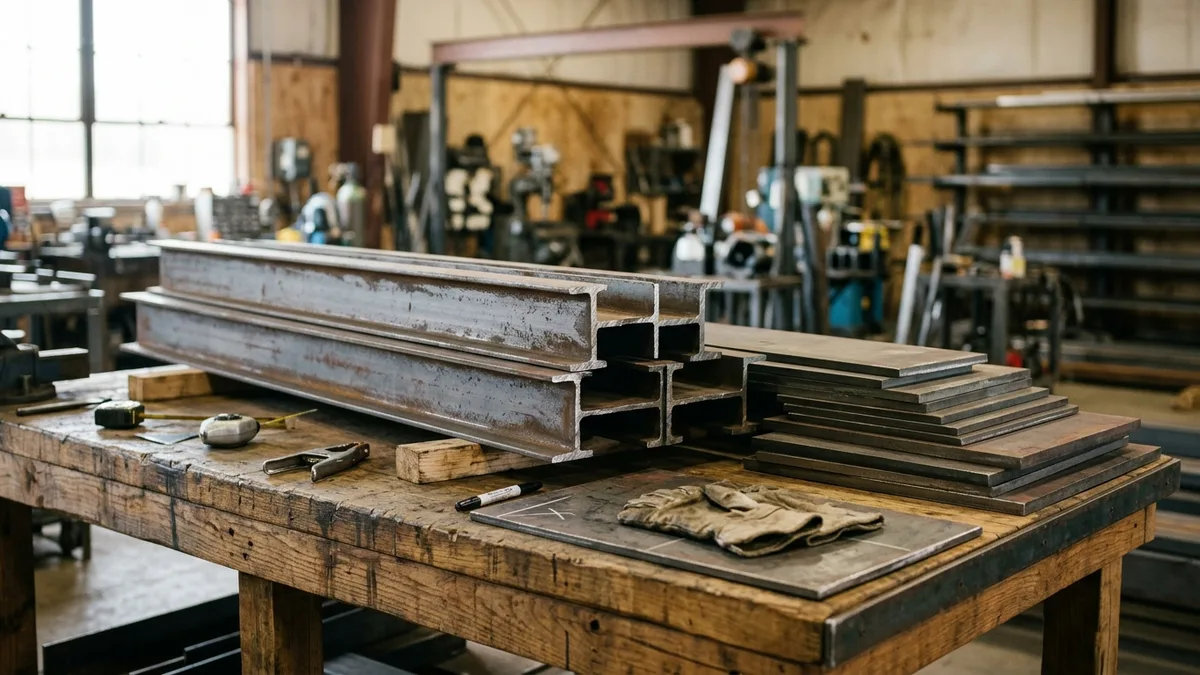 Steel plates and beams on a heavy timber workbench in a workshop corner.