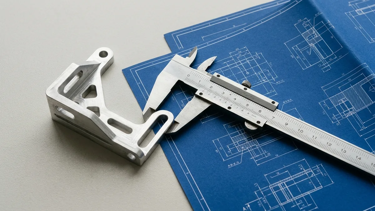Close-up of a precision-machined aluminum bracket resting on detailed blueprinted engineering documents.