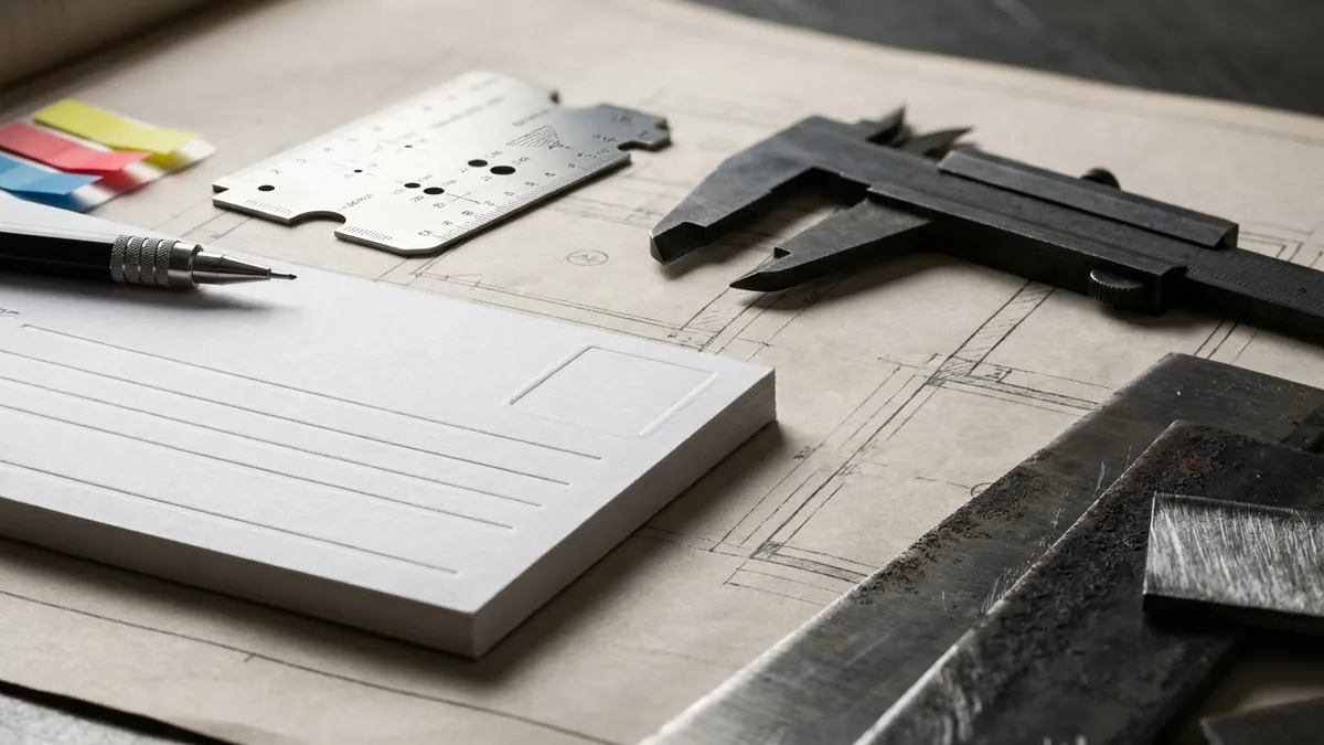 Close view of blank inspection cards, welding gauge, callipers, pencil, and steel offcuts representing compliance evidence.