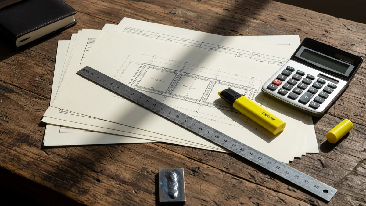 Estimating desk with drawings, ruler, calculator, notebook, and welded sample representing a defensible quote record.