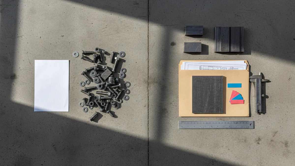 Two workshop piles comparing a thin checklist with an organised compliance record using steel offcuts and inspection tools.