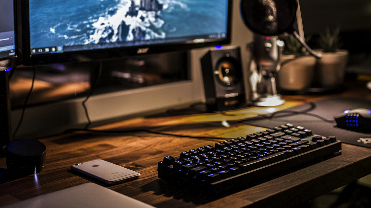 Clean desktop setup with steel offcuts and a monitor displaying geometric layouts.