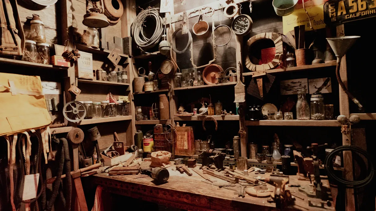 Warm editorial photograph of metal fabrication tools, steel components, and drawing rolls on a workbench with realistic lighting.