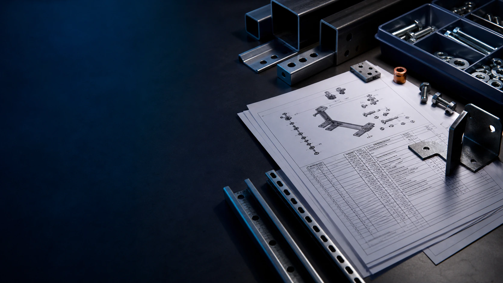 Bill of materials pages with fabricated sections, fasteners, and an assembly drawing.