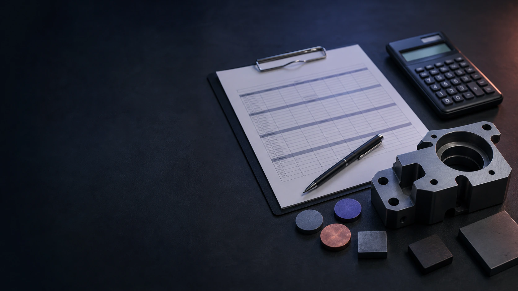 Margin worksheet, calculator, material tokens, and finished machined component.