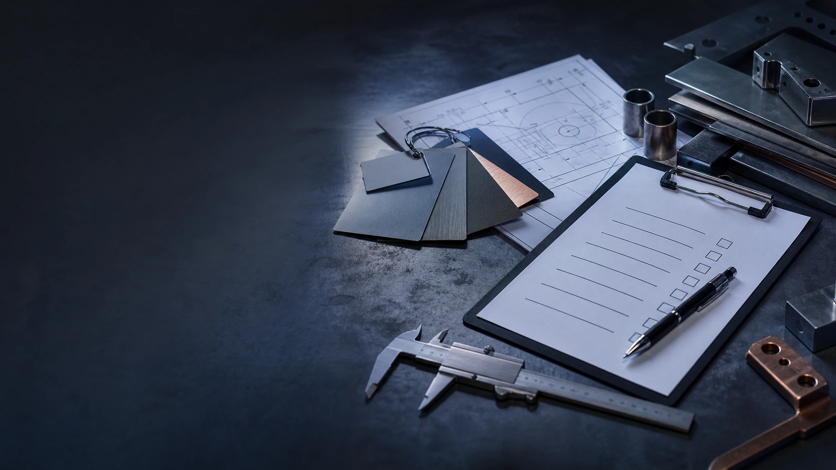 Fabrication intake checklist with metal samples, drawings, and measuring tools.