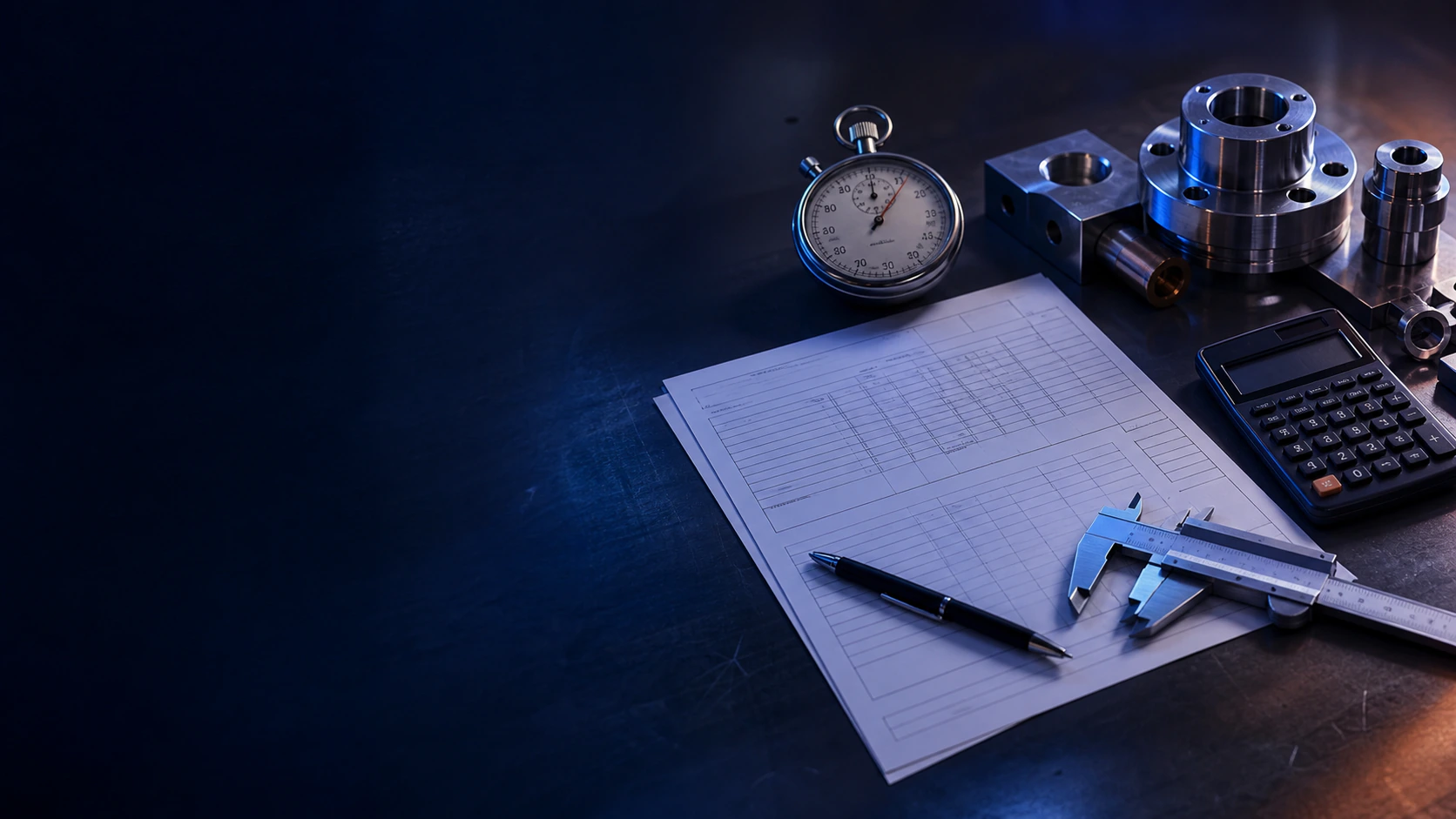 Machined components, stopwatch, calculator, and job-shop costing worksheet.